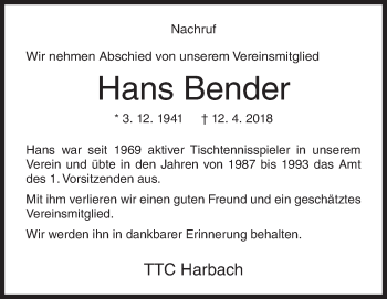 Traueranzeige von Hans Bender von Siegener Zeitung