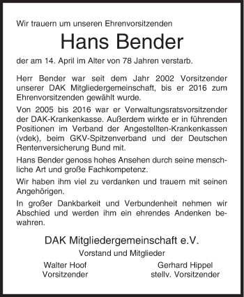 Traueranzeige von Hans Bender von Siegener Zeitung