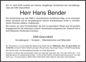 Traueranzeige von Hans Bender von Siegener Zeitung