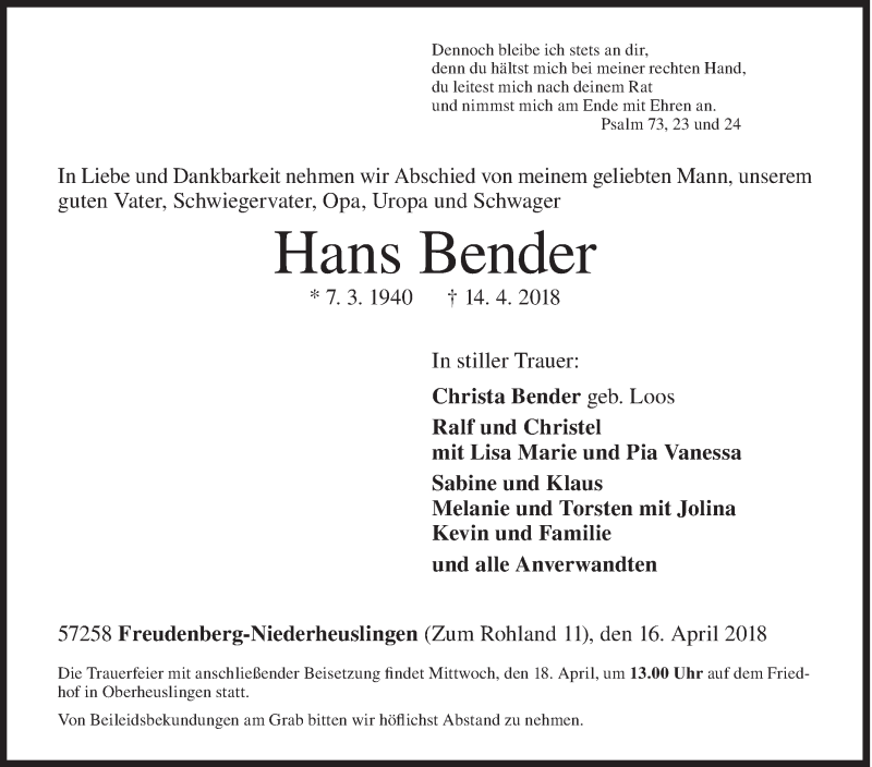  Traueranzeige für Hans Bender vom 16.04.2018 aus Siegener Zeitung