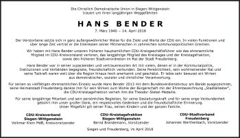Traueranzeige von Hans Bender von Siegener Zeitung