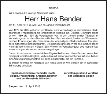 Traueranzeige von Hans Bender von Siegener Zeitung