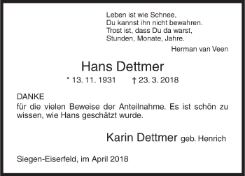 Traueranzeige von Hans Dettmer von Siegener Zeitung