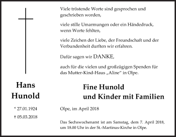 Traueranzeige von Hans Hunold von Siegener Zeitung