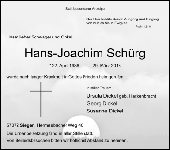 Traueranzeige von Hans-Joachim Schürg von Siegener Zeitung
