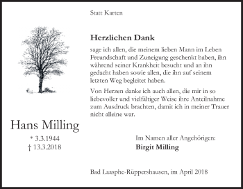 Traueranzeige von Hans Milling von Siegener Zeitung