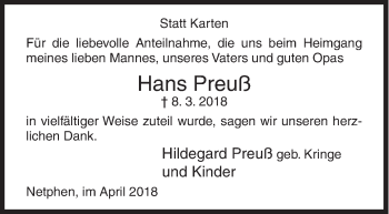 Traueranzeige von Hans Preuß von Siegener Zeitung