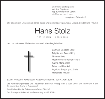 Traueranzeige von Hans Stolz von Siegener Zeitung