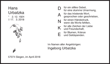 Traueranzeige von Hans Urbatzka von Siegener Zeitung