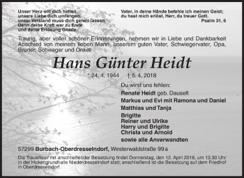 Traueranzeige von Hans Günter Heidt von Siegener Zeitung