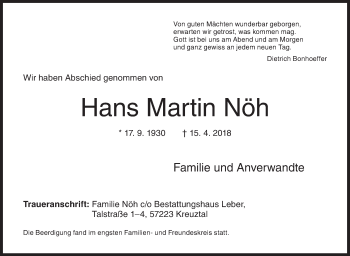 Traueranzeige von Hans Martin Nöh von Siegener Zeitung