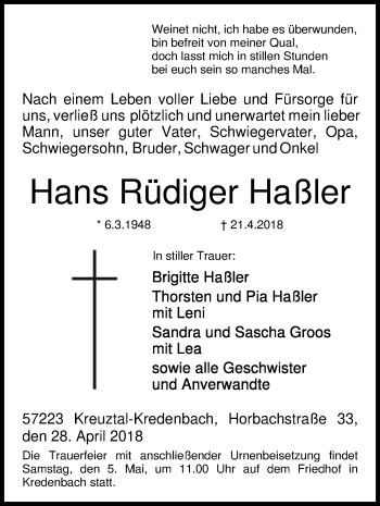 Traueranzeige von Hans Rüdiger Haßler von Siegener Zeitung