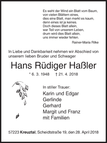 Traueranzeige von Hans Rüdiger Haßler von Siegener Zeitung