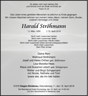 Traueranzeige von Harald Ströhmann von Siegener Zeitung