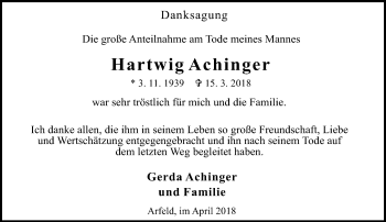 Traueranzeige von Hartwig Achinger von Siegener Zeitung