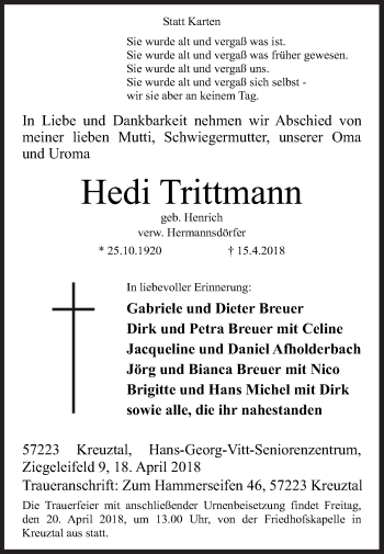 Traueranzeige von Hedi Trittmann von Siegener Zeitung