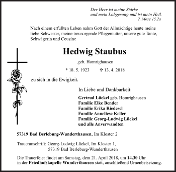 Traueranzeige von Hedwig Staubus von Siegener Zeitung