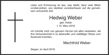 Traueranzeige von Hedwig Weber von Siegener Zeitung