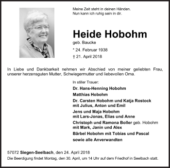 Traueranzeige von Heide Hobohm von Siegener Zeitung