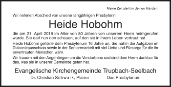 Traueranzeige von Heide Hobohm von Siegener Zeitung