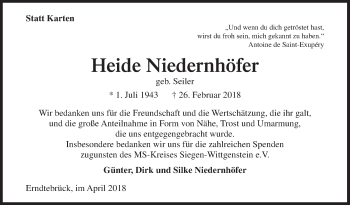 Traueranzeige von Heide Niedernhöfer von Siegener Zeitung