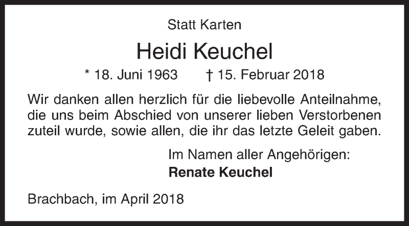  Traueranzeige für Heidi Keuchel vom 07.04.2018 aus Siegener Zeitung