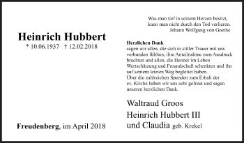 Traueranzeige von Heinrich Hubbert von Siegener Zeitung