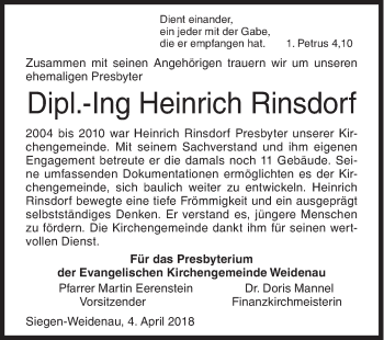 Traueranzeige von Heinrich Rinsdorf von Siegener Zeitung
