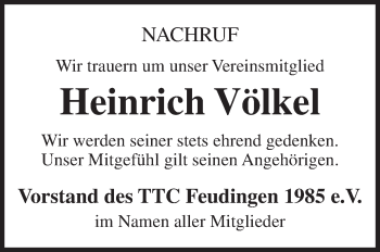 Traueranzeige von Heinrich Völkel von Siegener Zeitung