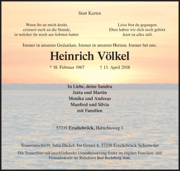 Traueranzeige von Heinrich Völkel von Siegener Zeitung