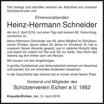 Traueranzeige von Heinz-Hermann Schneider von Siegener Zeitung