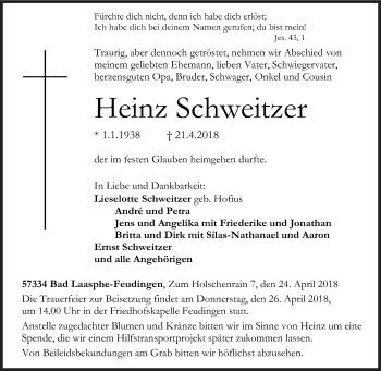 Traueranzeige von Heinz Schweitzer von Siegener Zeitung