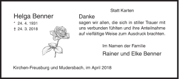 Traueranzeige von Helga Benner von Siegener Zeitung