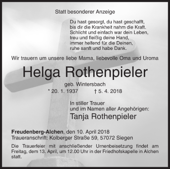 Traueranzeige von Helga Rothenpieler von Siegener Zeitung