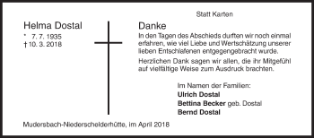 Traueranzeige von Helma Dostal von Siegener Zeitung