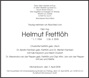 Traueranzeige von Helmut Frettlöh von Siegener Zeitung
