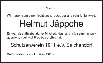 Traueranzeige von Helmut Jäppche von Siegener Zeitung