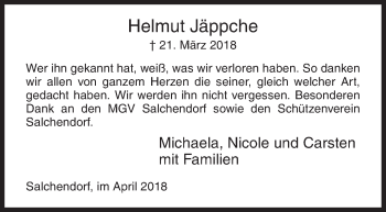 Traueranzeige von Helmut Jäppche von Siegener Zeitung
