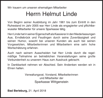Traueranzeige von Helmut Linde von Siegener Zeitung