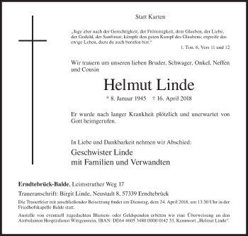 Traueranzeige von Helmut Linde von Siegener Zeitung