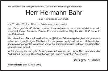 Traueranzeige von Hermann Bahr von Siegener Zeitung