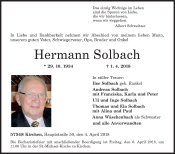 Traueranzeige von Hermann Solbach von Siegener Zeitung