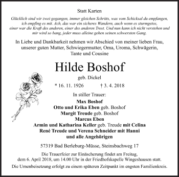 Traueranzeige von Hilde Boshof von Siegener Zeitung