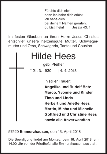 Traueranzeige von Hilde Hees von Siegener Zeitung