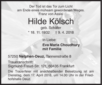 Traueranzeige von Hilde Kölsch von Siegener Zeitung