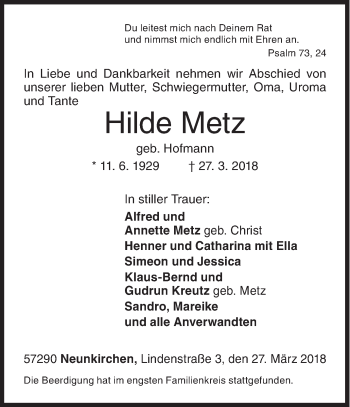 Traueranzeige von Hilde Metz von Siegener Zeitung