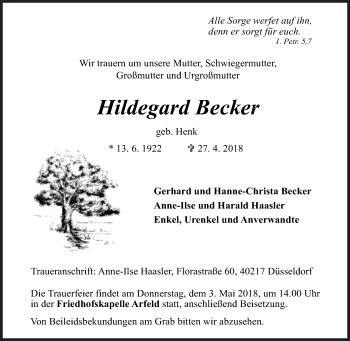 Traueranzeige von Hildegard Becker von Siegener Zeitung
