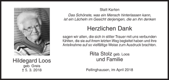 Traueranzeige von Hildegard Loos von Siegener Zeitung