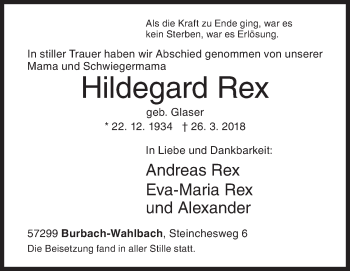 Traueranzeige von Hildegard Rex von Siegener Zeitung