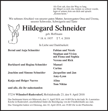 Traueranzeige von Hildegard Schneider von Siegener Zeitung